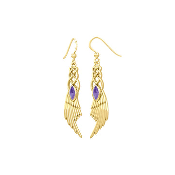 Celtic Knot Angel Wing Solid Yellow Gold Earrings with Marquise Gemstone GER1928